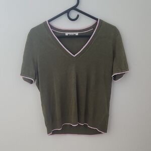 Boden Olive V-Neck Tee with Pink Edging